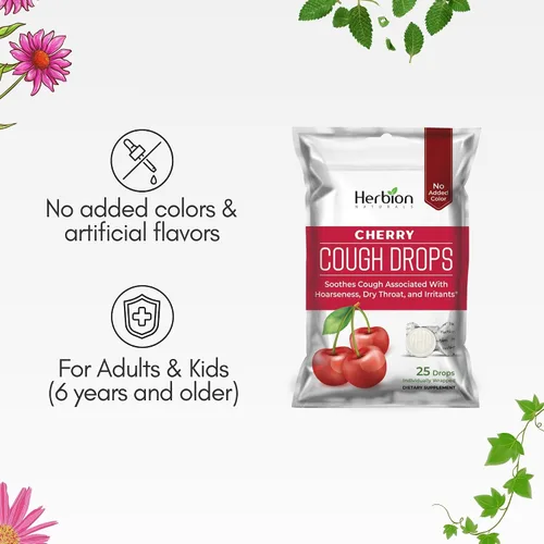 Vista 4 de Herbion Naturals Gotas para la tos con sabor a cereza natural, suplemento dietético, alivia la tos, para adultos y niños mayores de 6 años, 25 gotas.