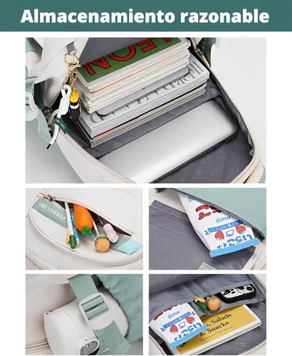 Vista 6 de Mochila Kawaii con bonitos accesorios, protección para la columna vertebral, antiladrón, bonita bolsa de libro estética, Verde (Mint Green), Kawaii