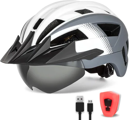 Vista 14 de Casco de bicicleta para adultos con visera y gafas para hombres y mujeres, casco de bicicleta de montaña y carretera, casco de ciclismo con luz