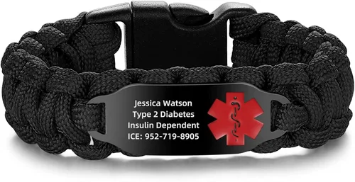 Vista 40 de Pulsera de alerta médica Paracord para hombres y mujeres Pulsera de identificación médica de acero inoxidable con hebillas de liberación lateral