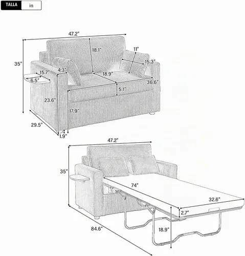 Vista 2 de P PURLOVE Sofá cama cama de 47.2 pulgadas de largo, sofá cama extraíble 2 en 1 con colchón, una mesa auxiliar plegable, sofá biplaza para sala