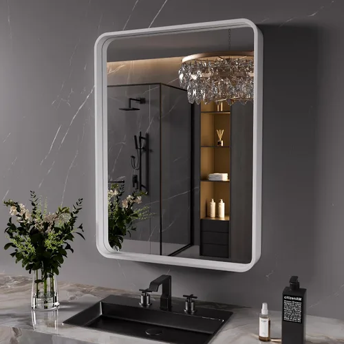 Vista 69 de JISOSO - Espejo de baño negro de 20x30 pulgadas con marco de metal negro, espejo de tocador rectangular redondeado con acabado mate para pared