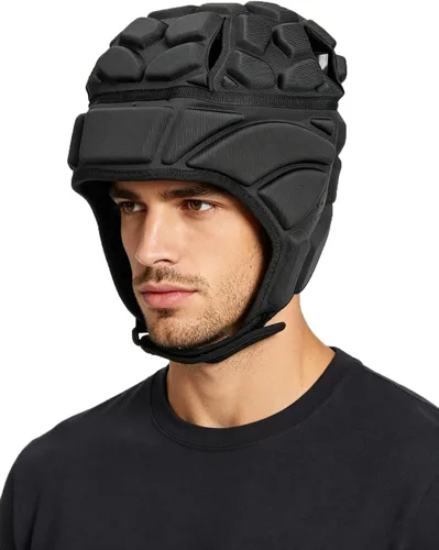Vista 2 de Casco de rugby ajustable, suave acolchado para fútbol, gorra británica anticolisión con correa para la barbilla, protector de cabeza de fútbol, Negro