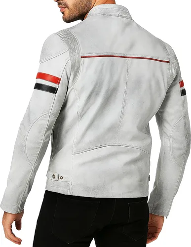 Vista 2 de Prime-Fashion Men's White Retro Motorcycle Vintage Red Black Stripes Biker Cowhide Leather Jacket Blanco