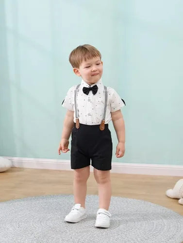 Vista 3 de SOLOYEE Conjunto de ropa para bebé niño, camisa de vestir con corbatín de manga larga y corta para bebés