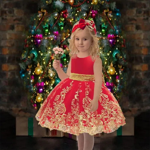 Vista 6 de 0-6T - Vestido de tutú de encaje bordado con lentejuelas y lazo grande para fiestas de bebé y niñas pequeñas con tocado