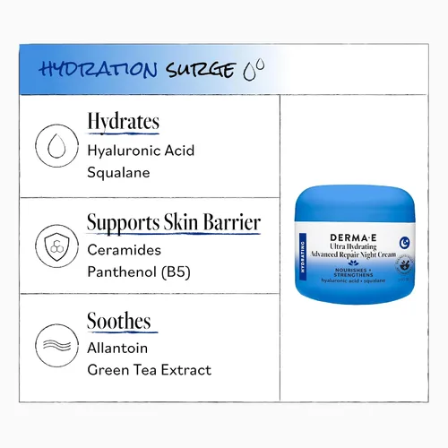 Vista 6 de DERMA E Crema hidratante de noche – Hidratante facial durante la noche con ácido hialurónico y té verde antienvejecimiento para suavizar y nutrir, 2