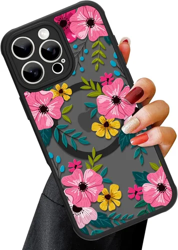 Vista 23 de OOK Funda magnética para iPhone 13 Pro Max [compatible con MagSafe] Funda delgada translúcida mate con flor silvestre negra, protección para lente
