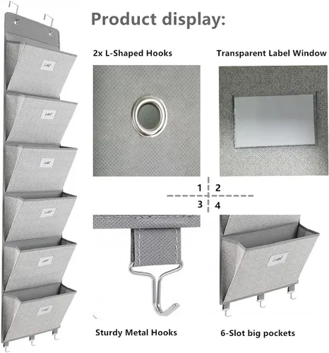 Vista 4 de Organizador de archivos sobre la puerta – 6 bolsillos extra grandes para colgar en la pared, soporte de archivos de almacenamiento para revistas