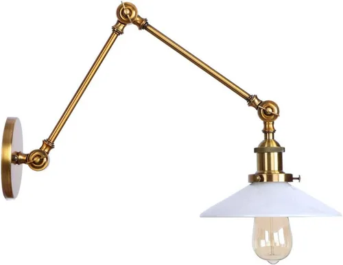 Vista 3 de Iluminación estilo loft con forma de platillo, aplique de pared ajustable, pantalla de vidrio blanco lechoso, brazo oscilante, lámpara de pared Latón