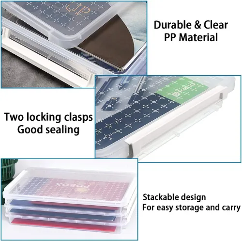 Vista 5 de BTSKY Caja de almacenamiento apilable de plástico PP transparente transparente A4 Plus para escritorio, contenedor de revista de papel con hebilla