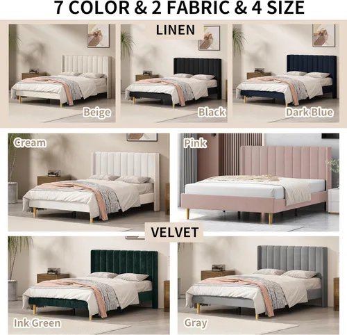 Vista 8 de Marco de cama tapizado de terciopelo individual con cabecera con respaldo de ala, color crema Cama de plataforma capitoné de canal vertical