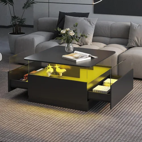 Vista 8 de HedoAjim Mesas de centro cuadradas con almacenamiento, mesa de centro moderna para sala de estar, mesas de centro redondas negras y 2 cajones Negro