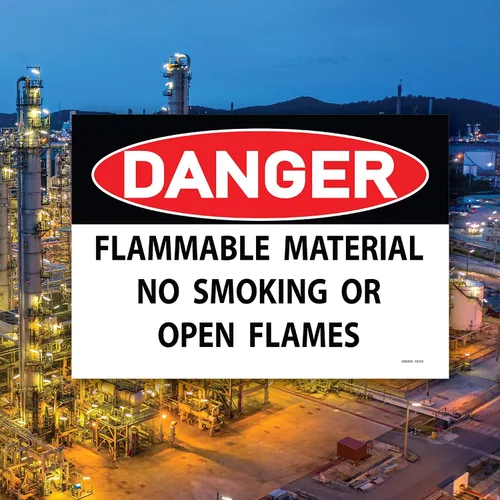 Vista 2 de Paquete de 2 calcomanías autoadhesivas de vinilo adhesivo para interiores y exteriores, material inflamable, no fumar o llamas abiertas, 7 x 10