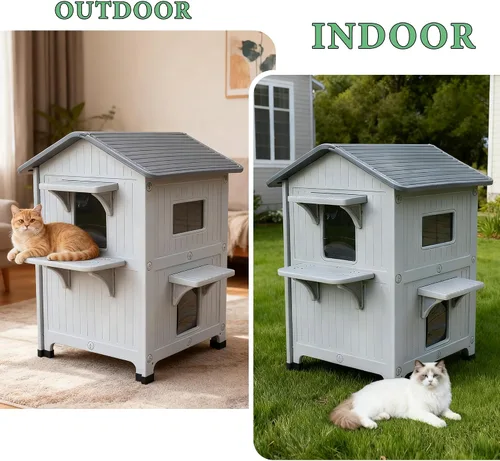 Vista 8 de Casa para gatos al aire libre, resistente a la intemperie, casas de plástico para gatos con puerta de escape, 2 pisos para interiores, impermeable