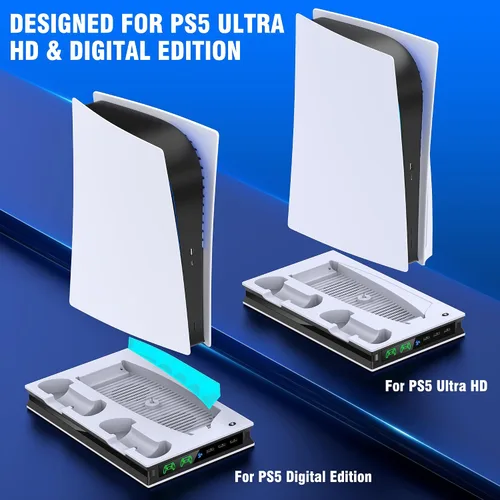 Vista 5 de Soporte para PS5 con 2 ventiladores de refrigeración estación de carga dual rápida para PS5 con 3 puertos USB adicionales estación de refrigeración
