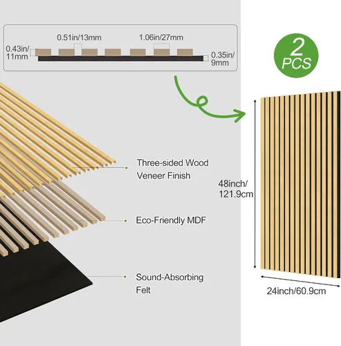 Vista 3 de Paquete de 2 paneles de madera para pared, paneles acústicos de listones de madera de 48 x 24 pulgadas, paneles acústicos para decoración de paredes