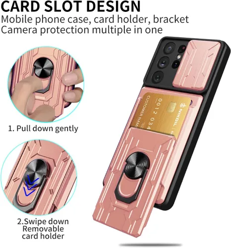 Vista 5 de Funda para Galaxy S21 Ultra 5G, diseñada para Samsung S21U con protector de pantalla, soporte para tarjetas desmontable, ranura para anillo, soporte