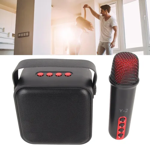 Vista 5 de Juego de mini máquina de karaoke con altavoz, micrófono inalámbrico, gran campo de sonido, chip profesional, múltiples conexiones, batería de larga
