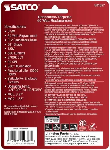 Vista 2 de Satco 21827-5.5B11/LED/927/CL/120V/E12/2CD Decorativa (S21827) Bombilla LED de punta roma