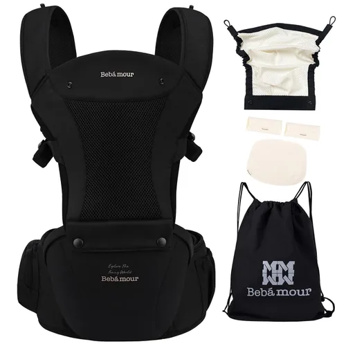 Vista 2 de Portabebés Bebamour con asiento de cadera, malla transpirable para todas las posiciones en el asiento de cadera y portabebés de 0 a 36 meses
