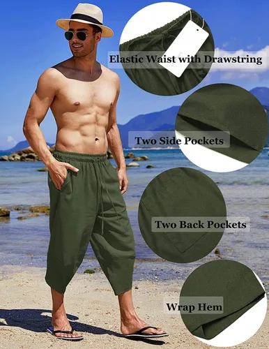 Vista 5 de COOFANDY Pantalones capri harén de lino para hombre, ligeros, sueltos, 34, con cordón elástico, cintura elástica, pantalones casuales para yoga