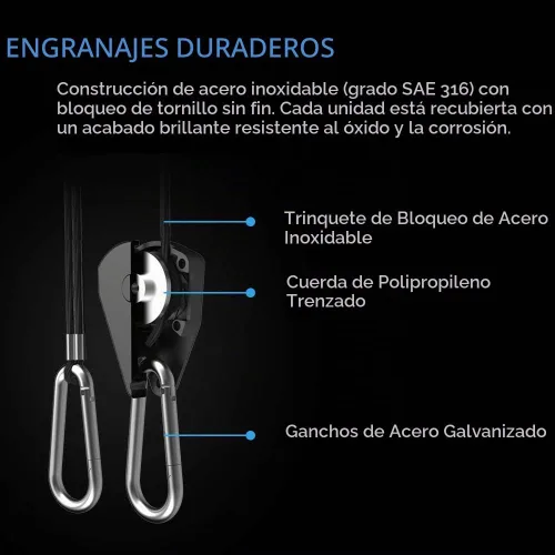 Vista 3 de AC Infinity, Gancho ajustable de cuerda de 1/8", engranajes de acero inoxidable resistentes, capacidad de peso de 150 libras, 6 pares