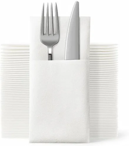 Vista 10 de JEBBLAS Paquete de 100 servilletas desechables de tela, bolsillo integrado para cubiertos, para bodas, fiestas, servilletas blancas, preplegadas