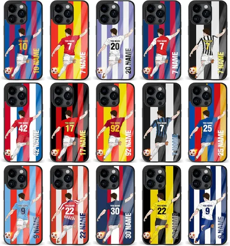 Vista 4 de Fundas personalizadas para teléfono con nombre y número del equipo de fútbol, diseño de jersey para iPhone 11, 12, 13, 14, 15, 16, 17 Pro Max Plus