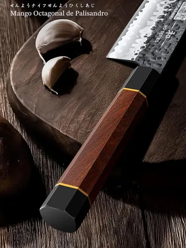 Vista 4 de HOSHANHO Juego de 5 cuchillos de cocina japoneses de acero de alto carbono, juego de cuchillos de chef profesionales ultra afilados con mango