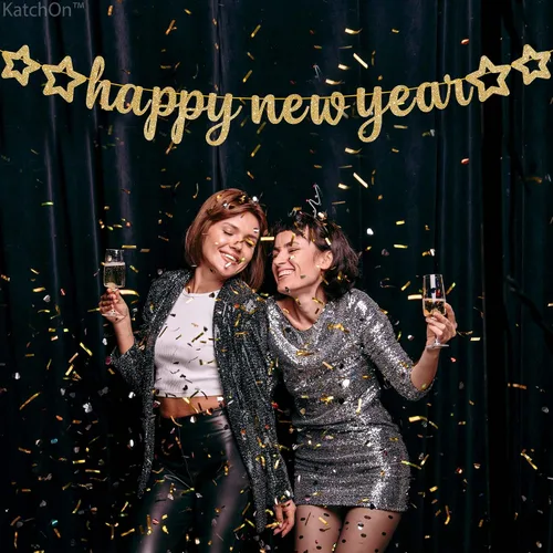 Vista 2 de KatchOn, Cartel dorado de feliz año nuevo – 10 pies, pre-encordado Cartel de feliz año nuevo con purpurina para decoraciones de Año Nuevo 2026