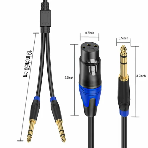 Vista 3 de Cable doble TRS a XLR hembra de 0.250 in para micrófono, mezclador, amplificador, 6.6 pies, cable de audio doble 1/4 TRS macho a XLR, cable