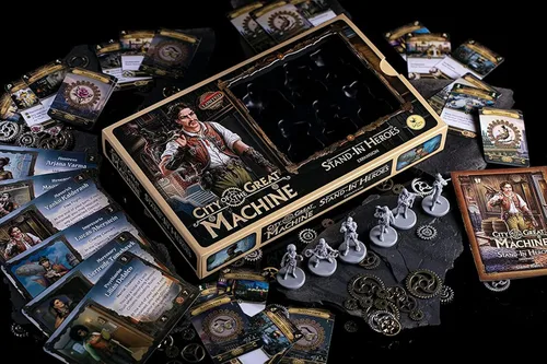 Vista 2 de City of The Great Machine. Expansión del juego de mesa de héroes de pie 1-4 jugadores Edades 14 en adelante Steampunk Uno contra muchos