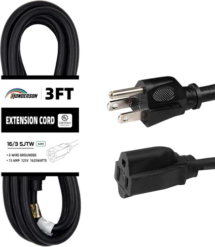 Vista 9 de Cable de Extensión HONDERSON, Certificación UL, Calibre 16, 1 Pie de Largo, Color Negro, 3 Puntas, Resistente, 16/3 SJTW, 13A, Cable de Energía