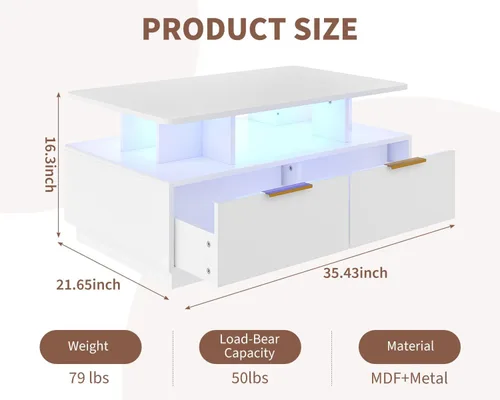 Vista 2 de Garvee Mesa auxiliar LED con almacenamiento, mesas centrales de alto brillo de 35 pulgadas con 4 cajones y estante abierto, mesa de sofá rectangular