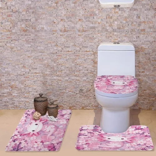 Vista 2 de Axolotl - Juego de 3 alfombras de baño antideslizantes y lavables para tapa de inodoro y tapete de contorno con respaldo de PVC, juego de tapetes