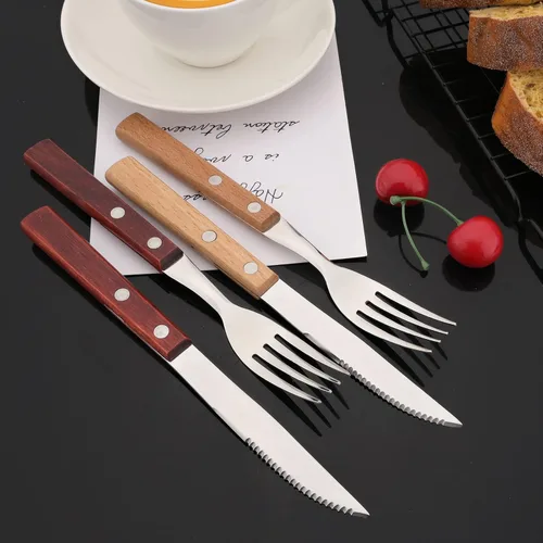 Vista 6 de JASHII Juego de cubiertos de mango de madera, servicio para 6 personas, juego de cubiertos de acero inoxidable SUS304 de 24 piezas con mango