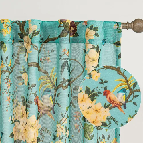 Vista 8 de Cortinas de lino de pájaro floral azul 2 paneles de 72 pulgadas de largo Aqua Blue