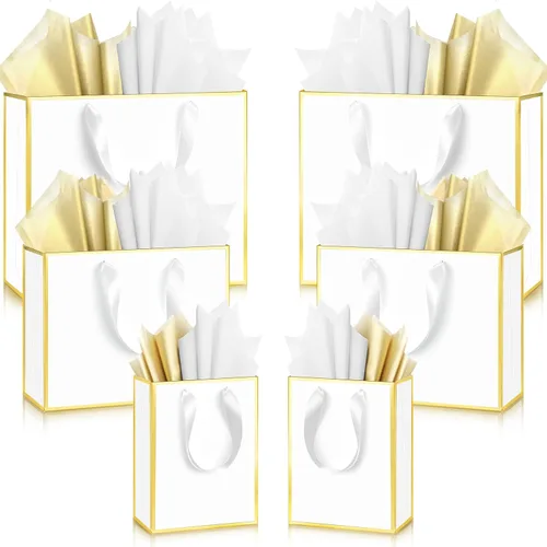 Vista 11 de Yeaqee 12 bolsas de regalo de papel metálico con asa, tamaño surtido, incluye 8, 10, 13 pulgadas, bolsa de regalo de agradecimiento de 5 sentidos