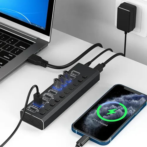 Vista 7 de Hub USB 3.0 alimentado de aluminio de 10 puertos USB 3.0 Hub de datos con adaptador de corriente de 12V/4A (48W) e interruptores individuales