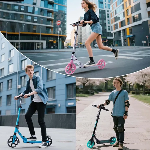 Vista 7 de Patinete para niños de 8+ años, adolescentes y adultos, con freno de mano delantero y freno trasero, y manillar ajustable, ruedas grandes