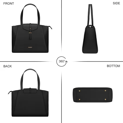 Vista 6 de MOSISO Bolsa de mano para laptop para mujer, 15.6 pulgadas, piel sintética, bolsa de trabajo para laptop con hebilla de solapa y bolso de mano, Negro
