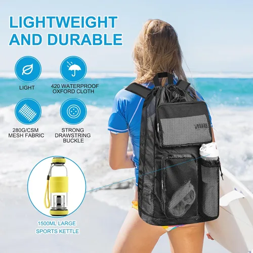 Vista 6 de Bolsa de natación para nadadores, bolsa de natación de malla grande, 80 L (capacidad de 8 balones de fútbol), mochila de playa ligera impermeable