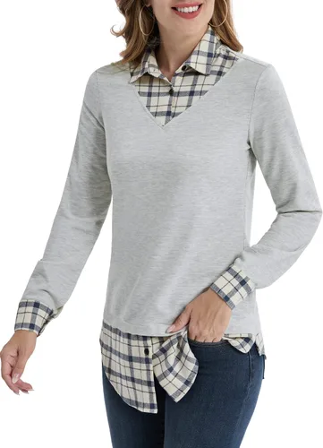 Vista 3 de DJT - Blusa tipo túnica 2 en 1 con cuello a cuadros en contraste para mujer