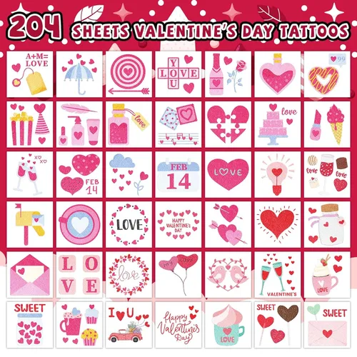 Vista 2 de EMOME 204 tatuajes con purpurina de San Valentín para niños, envueltos individualmente, tatuajes temporales para niñas, lindos tatuajes temporales