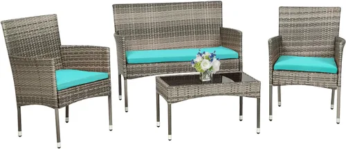 Vista 9 de Juego de 4 muebles modulares para exteriores, juego de muebles de mimbre resistentes al agua con 3 sillas de ratán, 1 cojín de mesa con tapa