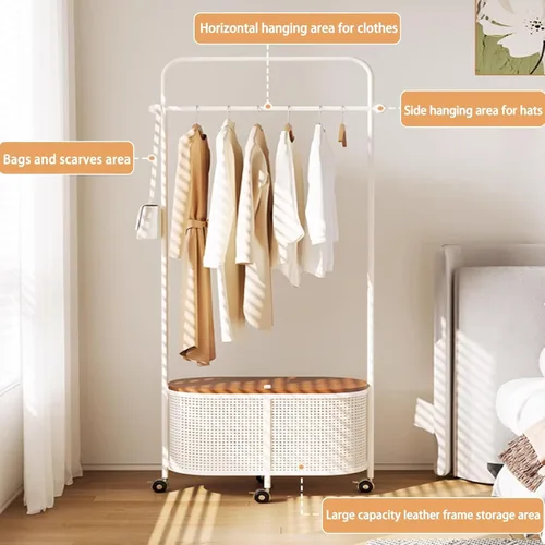 Vista 3 de Perchero giratorio de 360°, perchero de metal para ropa, con ruedas y cesta de almacenamiento de gran capacidad, perchero para colgar ropa