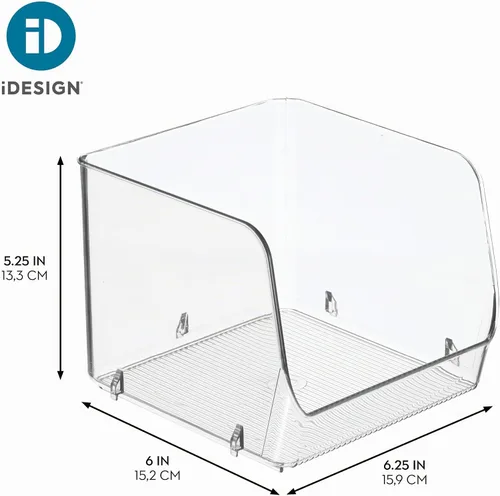 Vista 4 de iDesign - Bandeja de almacenamiento apilable con parte frontal abierta para despensa o almacenamiento doméstico, transparente, fabricada en EE. UU