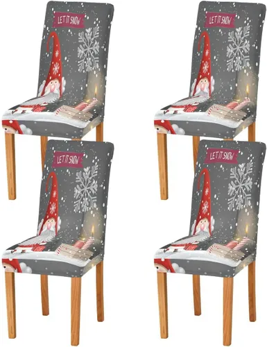 Vista 2 de Paquete de 4 fundas para sillas de comedor con diseño de gnomo de Navidad, impermeables, elásticas, extraíbles y lavables, para el hogar