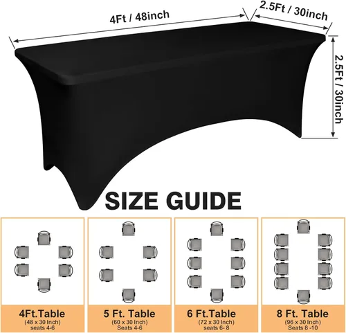 Vista 3 de Paquete de 2 manteles de elastano negro de 4 pies para mesas rectangulares, ajustado y elástico, lavable, resistente a las arrugas, perfecto